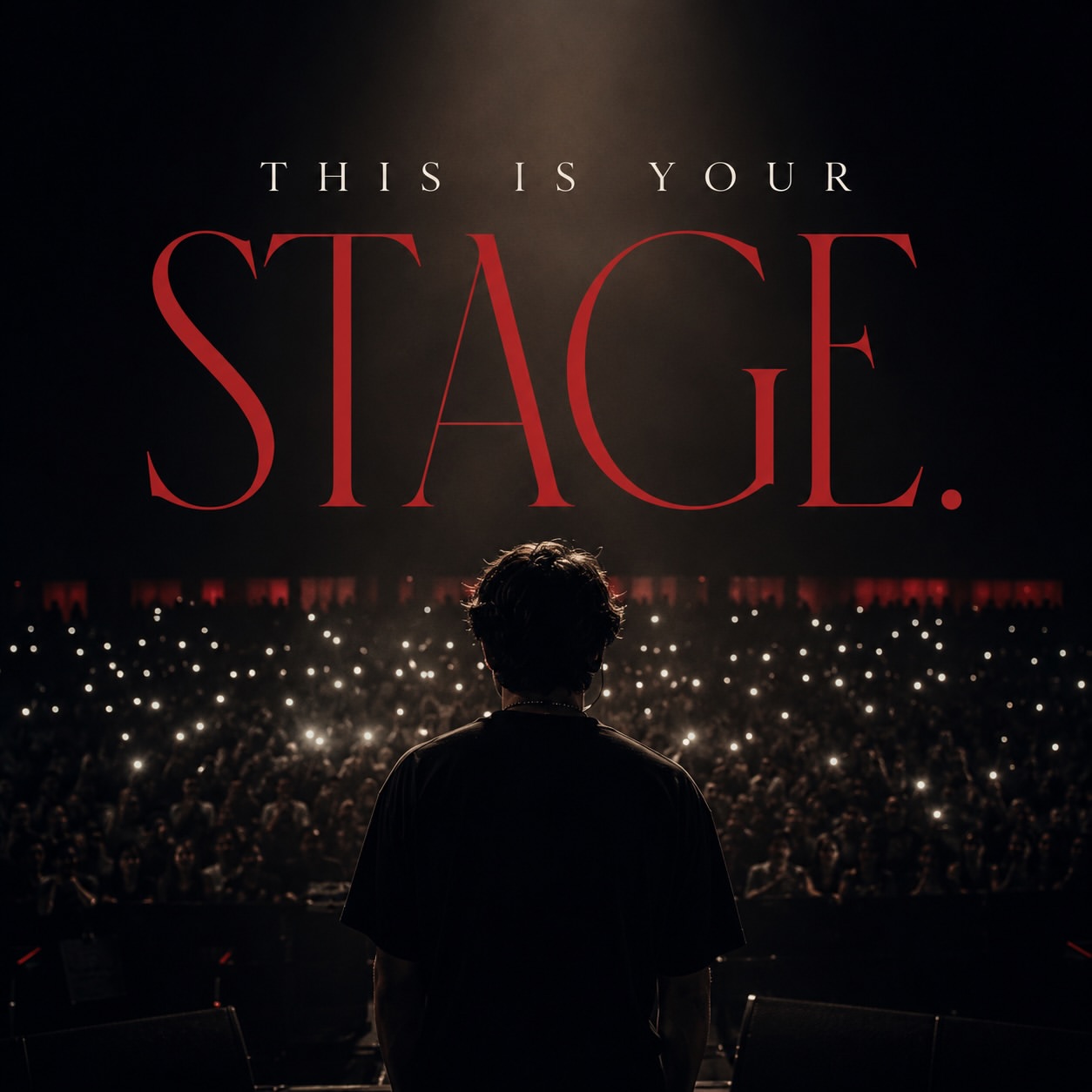 Performer facing a vast illuminated audience